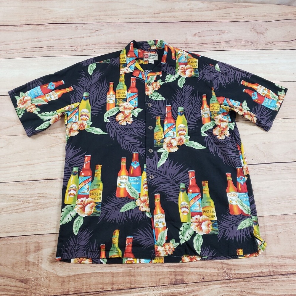 Hilo Hattie Shirt Mens Large Black Yellow Button Up Hawaiian Camp Beer Adult